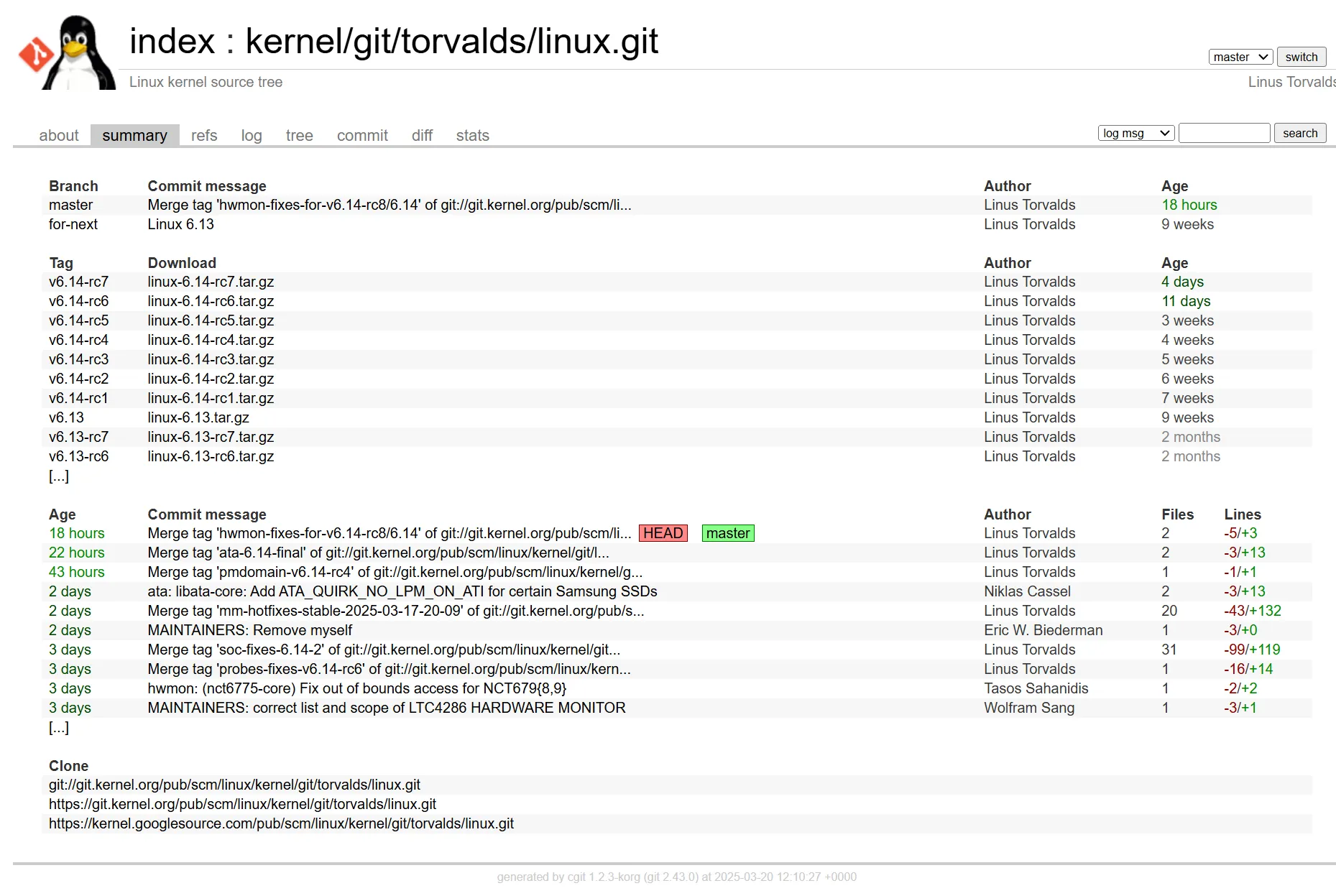 Linux kernel repository shown in cgit
